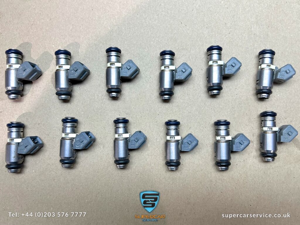 LP640 V12 Fuel injector service. This is one of the most ignored items on any fuel injector vehicle, fuel injectors work just as hard as the rest of the components and also need some care and attention. Fuel injectors are removed and flow tested and ultrasonic cleaned with new filters. Precise fuel spray means proper fuel atomisation resulting in peak performance and emmisions.