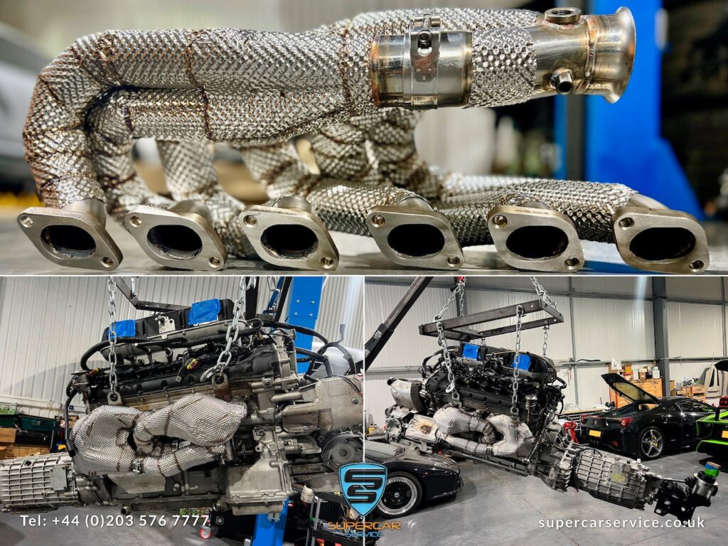 LP640 V12 equal length high flow exhaust manifolds with thermal heat insulation to keep the engine bay temperatures coolers and surroundings safe, installed on the monster V12 ready to drop into the chassis.